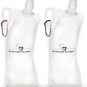 Survivor Filter Collapsible Water Bottles, Canteens (32oz) 2 Pack (2L Total) - Durable Carabiners and Handles. Squeeze Water through a Filter or Use as Water Bottles